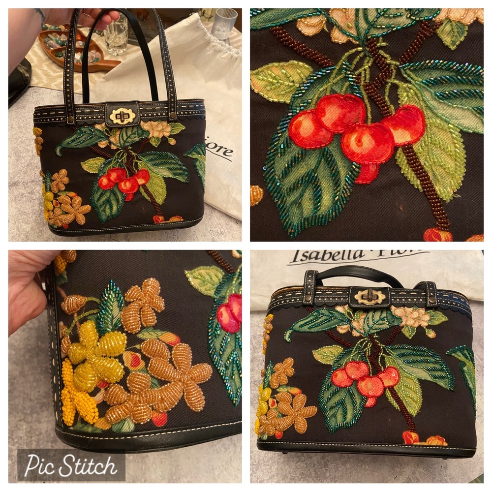 Rare Vintage Isabella Fiore Embellished Fruit Basket Beaded Leather Handbag